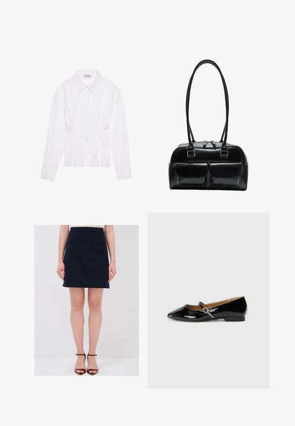Blusa bianca a maniche lunghe con colletto classico, chiusura frontale con bottoni e dettaglio arricciato sui lati. Tessuto liscio con una forma sartoriale.; Gonna blu navy al ginocchio con vita aderente, tessuto liscio e tasche laterali discrete. Abbinata a sandali con tacco a strappi marroni.; Scarpa piatta in pelle verniciata nera con punta affusolata, cinturino alla caviglia con fibbia in tono oro e tacco basso a blocco. Finitura liscia e lucida.; Borsa a tracolla nera in pelle con due tasche frontali, doppio manico e chiusura superiore con zip. Texture liscia e forma arrotondata.