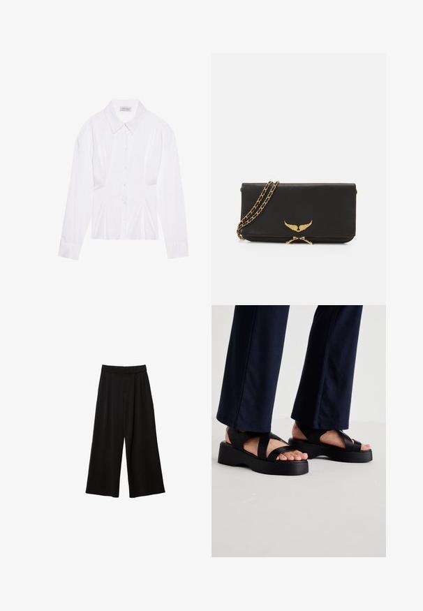 White long-sleeve blouse with a classic collar, front button closure, and gathered side detail. Smooth fabric with a tailored shape.; Green and cream striped long-sleeve polo shirt with a classic collar, featuring a small front placket and side slits at the hem.; Black wide-leg trousers with a high waist, featuring pleats, a smooth texture, and no visible pockets or embellishments.; Black platform sandals with wide crisscross straps and a thick sole. The upper is made of smooth material, featuring open-toe design.; Black leather clutch with a gold winged logo, chain strap, and zip closure. Textured surface and simple rectangular design.; Gold-colored hoop earrings, thin and round in shape, with a smooth metallic finish and no embellishments or patterns.