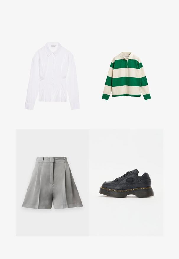 Blouse blanche à manches longues avec un col classique, fermeture à boutons sur le devant et détail froncé sur le côté. Tissu lisse avec une coupe ajustée.; Polo à manches longues rayé vert et crème avec un col classique, doté d'une petite patte de boutonnage à l'avant et de fentes sur les côtés de l'ourlet.; Shorts plissés gris en tissu lisse, dotés d'une taille haute, de poches avant et d'un design ajusté aux lignes épurées.; Baskets en cuir noir avec finition texturée, bout rond et semelle épaisse. Comprend des coutures accentuées en jaune et un logo de marque sur le côté.