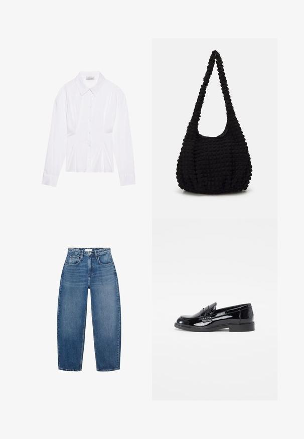 Blusa bianca a maniche lunghe con colletto classico, chiusura frontale con bottoni e dettaglio arricciato sui lati. Tessuto liscio con una forma sartoriale.; Polo shirt a maniche lunghe blu navy con strisce verticali bianche, colletto e chiusura con bottoni. Silhouette aderente con polsini a costine.; Jeans in denim blu a vita alta con design a gamba dritta, dotati di cinque tasche, passanti per cintura e leggera scoloritura per un tocco di texture.; Mocassino in vernice nera con punta arrotondata, dettaglio della cucitura in rilievo e suola in gomma piatta. Texture liscia con finitura lucida.; Borsa in tessuto nero con una singola tracolla intrecciata, caratterizzata da una forma gonfia e un design della superficie arricciato.