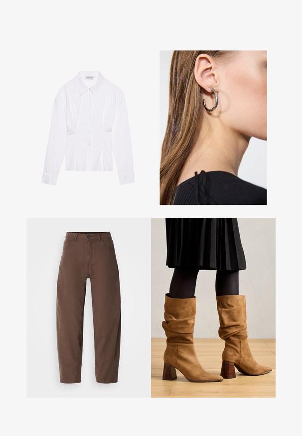 Valge pikkade varrukatega pluus klassikalise kraega, ees nööbiga sulgemine ja kokkuvõetud külgedega detail. Sile kangas ja kohandatud lõige.; Kohvi sirge säärega püksid, millel on esine nupp ja tõmblukk, vöölõngad ja küljetaskud, esitatud valgel taustal.; Prunubrown nahkkingad, millel on teravad varbad ja puidust kõrged kontsad. Kanda mustade sukkpükste ja volditud musta seeliku kõrval.; Hõbedane rõngas kõrvarõngas poleeritud viimistlusega, millel on väikesed kuldsed aktsendid ja ümmargune kuju, kantud lobus.