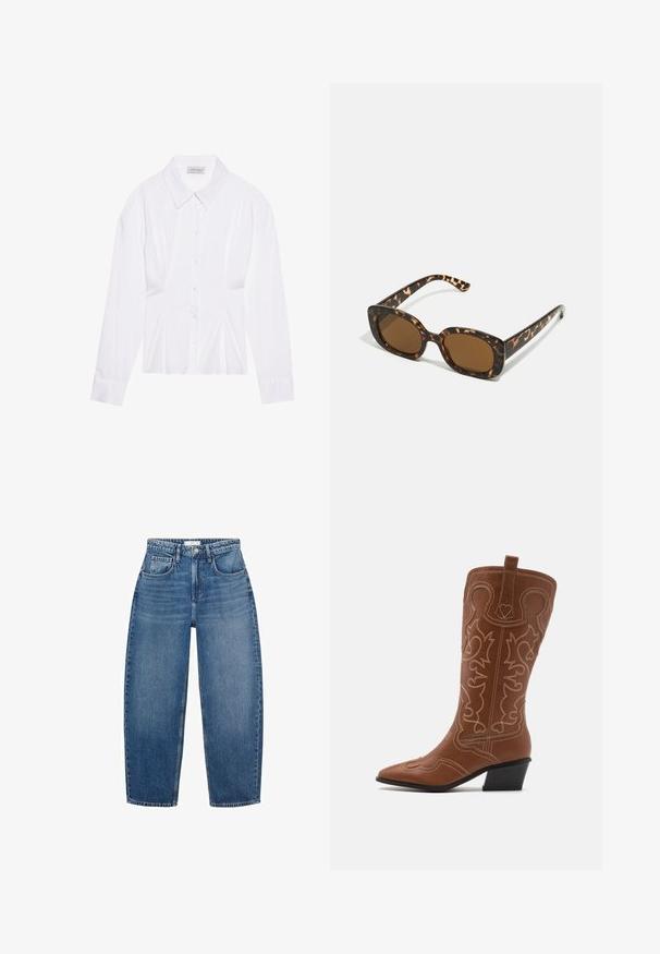 Witte blouse met lange mouwen en een klassieke kraag, met een sluiting aan de voorkant met knopen en geplooide details aan de zijkant. Glad materiaal met een getailleerde pasvorm.; Hoge taille blauwe denim jeans met een rechte pijp, voorzien van vijf zakken, riemlussen en subtiele vervaging voor extra textuur.; RAID NOUR - Cowboy-/Bikerlaarzen - tan; Tortoiseshell zonnebril met een ronde, stevige montuur en bruine lenzen. Heeft subtiele patronen en rechte, taps toelopende veren.; Bruine suède handtas met twee stevige handvatten, een rechthoekige vorm en een decoratieve band over de voorkant.