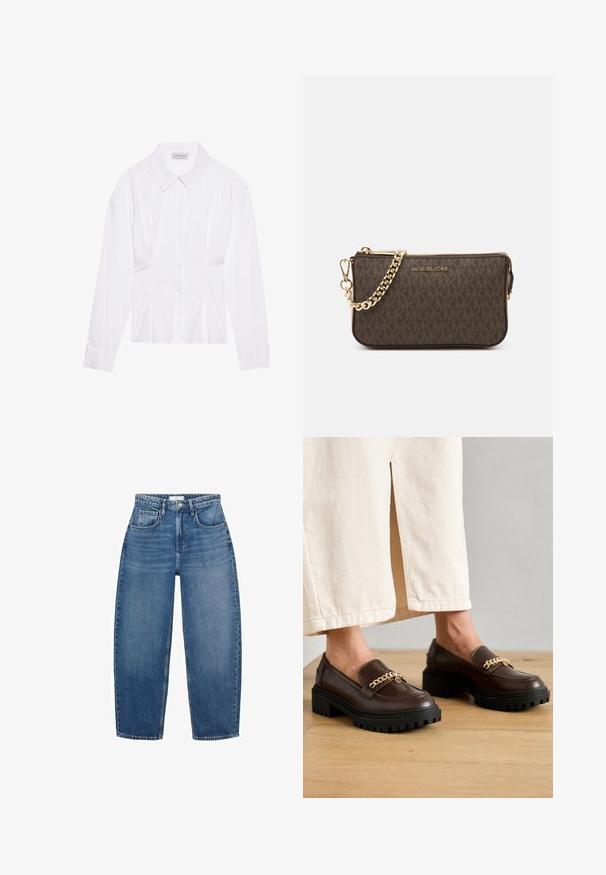 Blusa bianca a maniche lunghe con colletto classico, chiusura frontale con bottoni e dettaglio arricciato sui lati. Tessuto liscio con una forma sartoriale.; Jeans in denim blu a vita alta con design a gamba dritta, dotati di cinque tasche, passanti per cintura e leggera scoloritura per un tocco di texture.; Mocassini in pelle marrone con suola nera spessa e un accento di catena dorata sulla parte frontale. Finitura liscia con una leggera lucentezza.; Borsa a tracolla in pelle marrone con motivo logo, tracolla in catena dorata, chiusura con zip e dettagli in metallo dorato. Forma compatta e rettangolare.