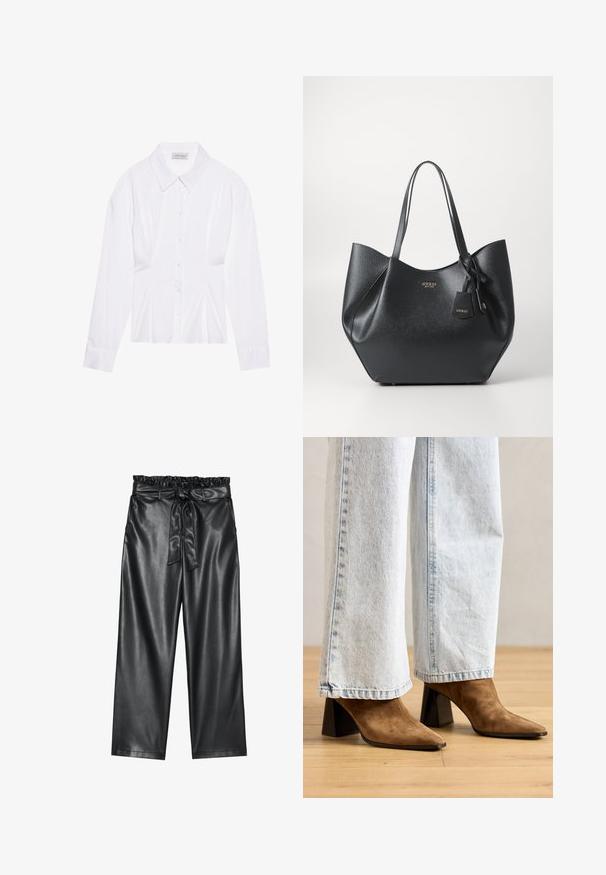 Blusa branca de manga longa com colarinho clássico, fecho frontal com botões e detalhe franzido nas laterais. Tecido suave com um corte ajustado.; Calças largas de imitação de pele preta com uma cintura elástica e franzida, e um cinto removível. Textura suave e brilho minimal.; Botas de tornozelo em camurça castanha com ponta fina, salto bloco e uma textura suave, combinadas com jeans de perna larga azul-claro.; Saco tote preto feito de material sintético texturizado com uma silhueta ampla, apresentando alças duplas e um detalhe de pendente com a marca.; Brinco de argola prateada com acabamento polido, apresentando pequenos detalhes em dourado e uma forma redonda, usado na orelha.