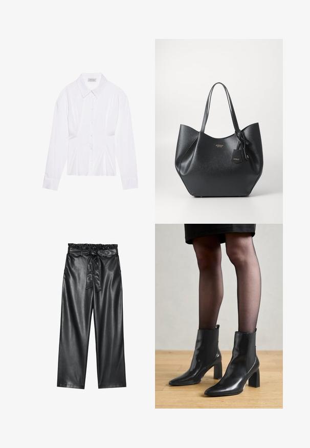 Vit långärmad blus med klassisk krage, framtill knäppning och insidan med rynkning. Slät tyg med skräddarsydd passform.; Svarta fusk-läder byxor med vida ben, elastisk och volangmidja, samt ett avtagbart bälte. Slät textur och minimal lyster.; Svarta läderankelstövlar med spetsig tå, kraftig kvadratisk klack och en slank design. Har elastiska sidopaneler för enkel påtagning.; Svart tote-väska i texturerat syntetmaterial med bred silhuett, som har dubbla handtag och en märkesdetalj i form av en berlock.; Silverörhänge med polerad yta, med små detaljer i guld och rund form, bärs på loben.