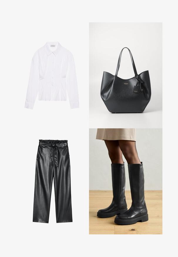 Hvit langermet bluse med klassisk krage, knapper foran og samlet detalj på siden. Glatt stoff med en skreddersydd fasong.; Sorte faux lær brede bukser med en elastisk, bølget talje og et aftageligt bånd. Glat tekstur og minimal glans.; Sorte kneehøye støvler laget av skinn med en jevn tekstur, med en tykk gummisåle og en glidelås på siden for enkel påkledning.; Svart tote bag laget av teksturert syntetisk materiale med en bred silhuett, med doble håndtak og detaljer med merkevedheng.; Sølv ringøredob med en polert finish, med små gull detaljer og en rund form, båret på øreflippen.