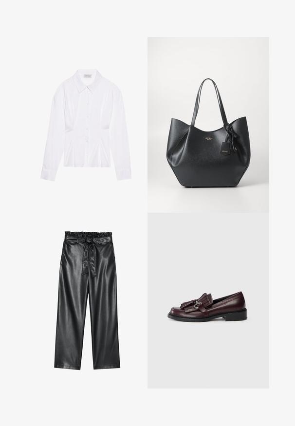 Blusa branca de manga longa com colarinho clássico, fecho frontal com botões e detalhe franzido nas laterais. Tecido suave com um corte ajustado.; Calças largas de imitação de pele preta com uma cintura elástica e franzida, e um cinto removível. Textura suave e brilho minimal.; Mocassins de couro bordeaux com um detalhe de franjas, bico arredondado e um salto baixo, sólido e preto. Costura detalhada ao longo da sola.; Saco tote preto feito de material sintético texturizado com uma silhueta ampla, apresentando alças duplas e um detalhe de pendente com a marca.; Brinco de argola prateada com acabamento polido, apresentando pequenos detalhes em dourado e uma forma redonda, usado na orelha.