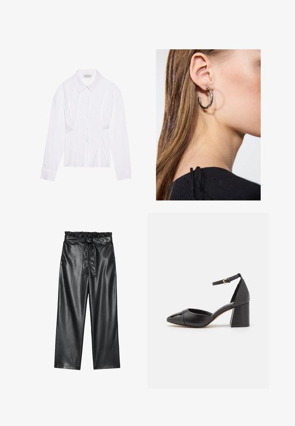 Biała bluzka z długim rękawem, klasycznym kołnierzykiem, zapięciem na guziki z przodu i marszczeniem po bokach. Gładki materiał o dopasowanym kroju.; Czarne szerokie spodnie z imitacji skóry z elastycznym, falbaniastym paskiem w talii oraz odpinanym paskiem do związania. Gładka tekstura i minimalny połysk.; Czarny skórzany but na obcasie z paskiem wokół kostki, spiczastym noskiem i słupkowym obcasem. Gładkie wykończenie z fakturowanym czubkiem.; Srebrny kolczyk w kształcie koła z polerowanym wykończeniem, z małymi złotymi akcentami, noszony na płatku ucha.