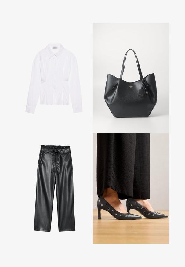 Fehér hosszú ujjú blúz klasszikus gallérral, elöl gombos záródással és összegyűrt oldali részletekkel. Simára szőtt anyag, testhez álló fazonban.; Fekete műbőr, bő szárú nadrág rugalmas, fodros derékkal és levehető övvel. Sima textúra és minimális fényesség.; Fekete bőrből készült, hegyes orrú magassarkú cipők, az oldalán fémlyukasztott díszítéssel, és vékony tűs sarokkal.; Fekete táska, textúrált szintetikus anyagból, széles sziluettel, dupla fogantyúkkal és logózott pendant részlettel.; Ez egy ezüst fülbevaló, sima felülettel, amelyen apró arany díszítőelemek találhatók. Kerek formájú és a fülcimpán viselik.