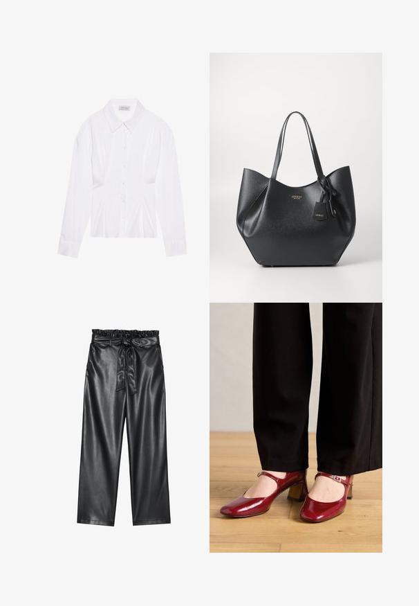 Biała bluzka z długim rękawem, klasycznym kołnierzykiem, zapięciem na guziki z przodu i marszczeniem po bokach. Gładki materiał o dopasowanym kroju.; Czarne szerokie spodnie z imitacji skóry z elastycznym, falbaniastym paskiem w talii oraz odpinanym paskiem do związania. Gładka tekstura i minimalny połysk.; Czerwone lakierowane szpilki Mary Jane z kwadratowym noskiem, paskiem na podbiciu i niskim blokowym obcasem. Noszone z czarnymi spodniami.; Czarna torba na ramię wykonana z teksturowanego materiału syntetycznego o szerokim profilu, z podwójnymi uchwytami i detalem w postaci zawieszki z logo.; Srebrny kolczyk w kształcie koła z polerowanym wykończeniem, z małymi złotymi akcentami, noszony na płatku ucha.