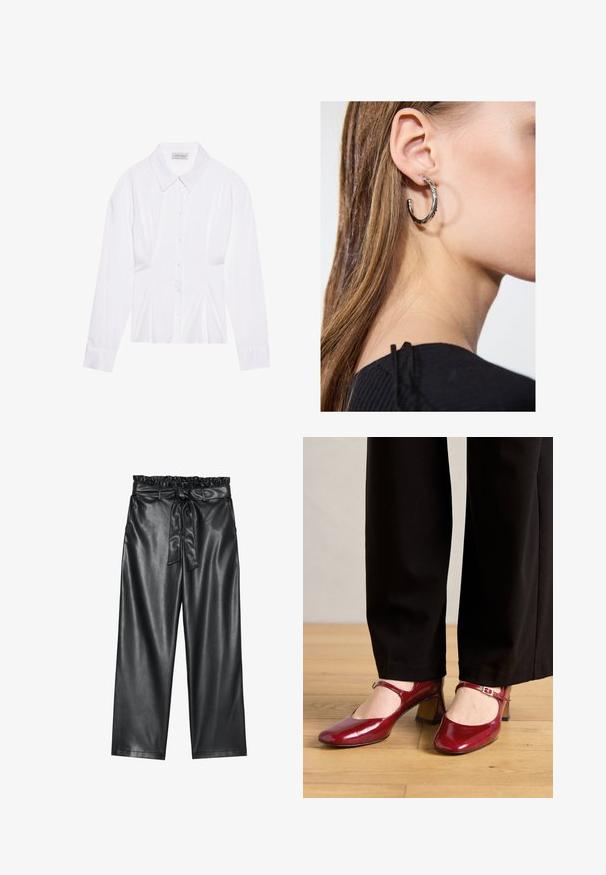 White long-sleeve blouse with a classic collar, front button closure, and gathered side detail. Smooth fabric with a tailored shape.; Black faux leather wide-leg pants with an elasticated, ruffled waistband, and a detachable tie belt. Smooth texture and minimal sheen.; Red patent leather Mary Jane heels with a square toe, a strap across the instep, and a low block heel. Worn with black pants.; Silver hoop earring with a polished finish, featuring small gold accent details and a round shape, worn on the lobe.