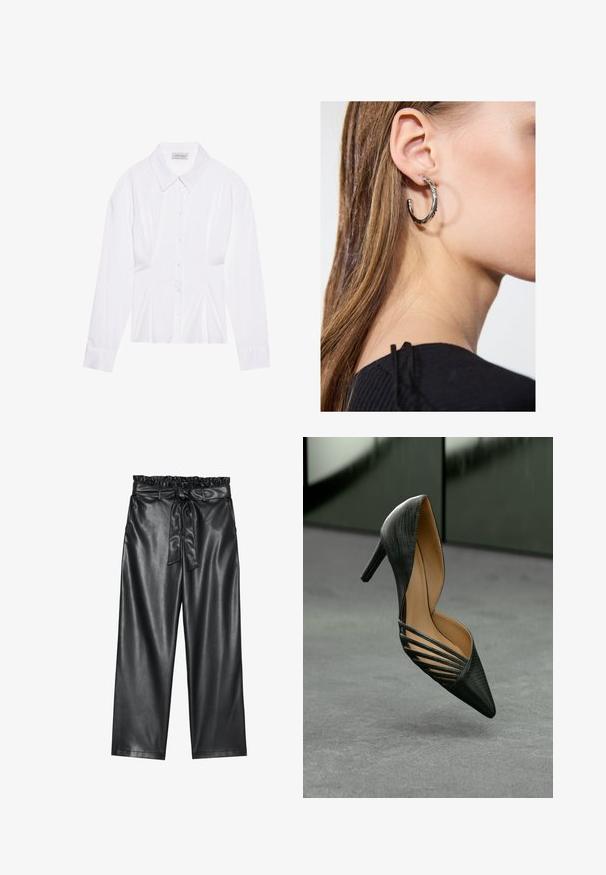 Bela bluzica z dolgimi rokavi s klasičnim ovratnikom, sprednjim zapenjanjem na gumbe in nabranimi stranskimi detajli. Gladek material s krojem, ki se prilega.; Črne široke hlače iz umetnega usnja z elastičnim, nabranim pasom in snemljivim pasom. Gladka tekstura in minimalen sijaj.; Črne visoke pete s koničastim prstom, teksturirano zunanjostjo in značilnimi stranskimi izrezi, prikazane proti nevtralni ozadju.; Srebrna obročasta uhana s polirano površino, ki vključuje majhne zlate poudarke in okroglo obliko, nošena na ušesnem lobu.