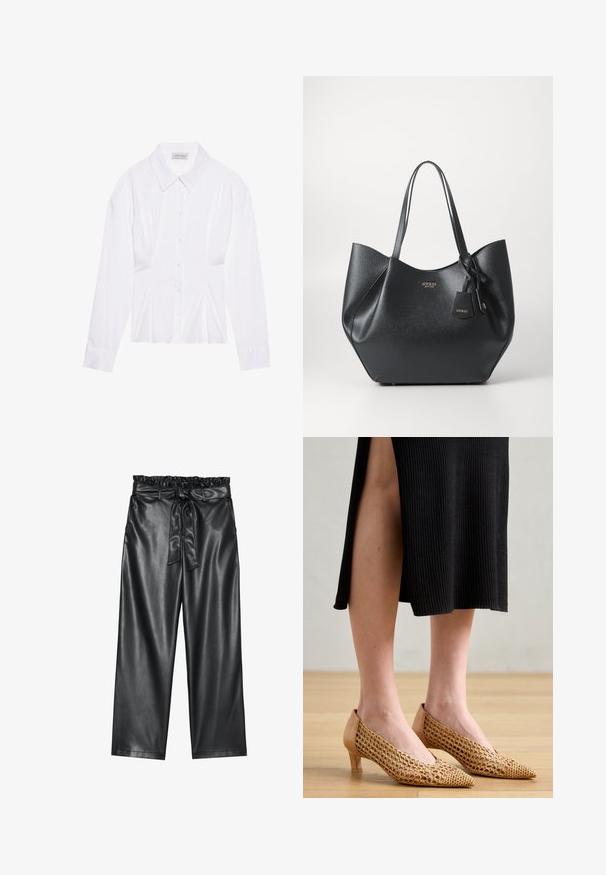 Valkoinen pitkähiha blouse, jossa on klassinen kaulus, etuvetoketju ja ryppyinen sivudetalji. Pehmeä kangas ja muotoiltu leikkaus.; Mustat tekonahkaleggingsit, joissa on joustava, röyhelöillä varustettu vyötärö ja irrotettava solmiovyö. Sileä pinta ja minimaalinen kiilto.; Terävätossut kultaisesta kudotusta verkosta valmistetulla päällä, vaaleanbeige nahkasisällä ja pienellä korolla, taustalla puulattia ja musta röyhelömekko.; Musta kassi, joka on valmistettu tekstuurisesta synteettisestä materiaalista ja jolla on leveä muotoilu. Kassi on varustettu kahdella kahvalla ja brändätyllä riipuksella.; Hopea renkaankorvakoru kiiltävällä pinnalla, jossa on pieniä kultaisia yksityiskohtia ja pyöreä muoto, käytetty korvalla.