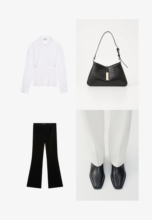 Biała bluzka z długim rękawem, klasycznym kołnierzykiem, zapięciem na guziki z przodu i marszczeniem po bokach. Gładki materiał o dopasowanym kroju.; Czarne samodziałowe spodnie dzwony o gładkiej fakturze, z dwiema przednimi kieszeniami i dopasowaną talią, zaprojektowane z myślą o smukłej sylwetce.; Czarne skórzane botki za kostkę z wysmukłym noskiem i niskim, ściśniętym obcasem, w połączeniu z białymi spodniami o szerokich nogawkach. Gładka tekstura, elegancki design.; Czarna torebka na ramię z materiału imitującego skórę krokodyla, posiadająca trójkątny kształt, cienki pasek na ramię oraz złote akcenty sprzętowe na środku.; Czarne skórzane rękawiczki z pikowanym czarnym zamszowym mankietem. Posiadają gładkie wykończenie oraz subtelny akcent logo w okolicy nadgarstka.; Srebrne kolczyki w kształcie kropli z zaokrąglonymi akcentami, na modelce noszącej białą bezrękawnikową bluzkę o prążkowanej fakturze, podkreślającą gładką strukturę.