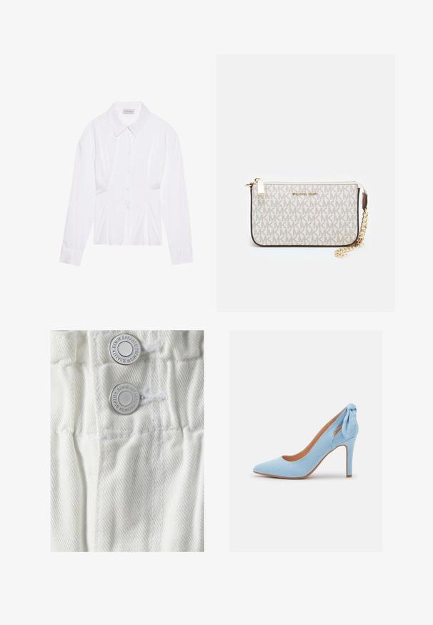 Hvit langermet bluse med klassisk krage, knapper foran og samlet detalj på siden. Glatt stoff med en skreddersydd fasong.; Vero Moda VMLYRA PAPERBAG - Jeansshorts - snow white; Lyseblå semsket høyhælte sko med spiss tå og liten sløyfeaksel bak. Har et elegant design og beige såle.; Michael Kors håndleddsveske i beige belagt kanvas med et gjentakende MK-logo mønster, gullfarget maskinvare og en avtakbar kjede-rem.; Sølv ringøredob med en polert finish, med små gull detaljer og en rund form, båret på øreflippen.
