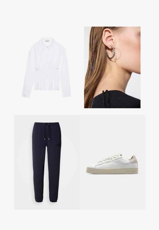 White long-sleeve blouse with a classic collar, front button closure, and gathered side detail. Smooth fabric with a tailored shape.; Navy blue sweatpants made of soft fabric, featuring an elastic waistband with a drawstring, and an embroidered logo on one leg.; White leather sneaker with a smooth finish, beige suede accents, round toe, flat lace-up design, and a textured rubber sole.; Silver hoop earring with a polished finish, featuring small gold accent details and a round shape, worn on the lobe.