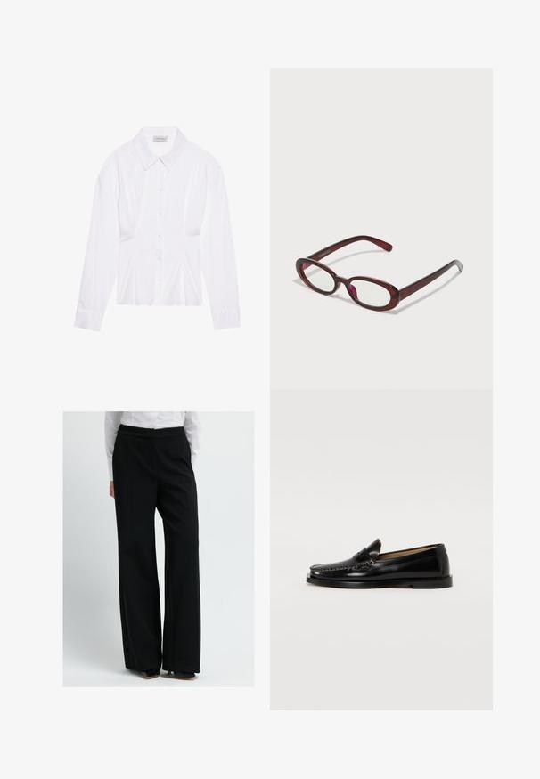 Weiße Bluse mit langen Ärmeln, klassischem Kragen, vorderer Knopfleiste und gerafftem Seitendetail. Glattes Material mit taillierter Form.; Person in weiten schwarzen Hosen, weißem Hemd und schwarzen High Heels, vor einem schlichten hellen Hintergrund stehend.; Schwarze Lederlofer mit runder Zehenform, dekorativer Naht und flacher Sohle. Glatte Textur und minimalistisches Design.; Ovale rote Sonnenbrillen mit klaren Gläsern und schlanken braunen Fassungen. Das Design weist sanfte Kurven und minimalen Hardwareeinsatz auf.