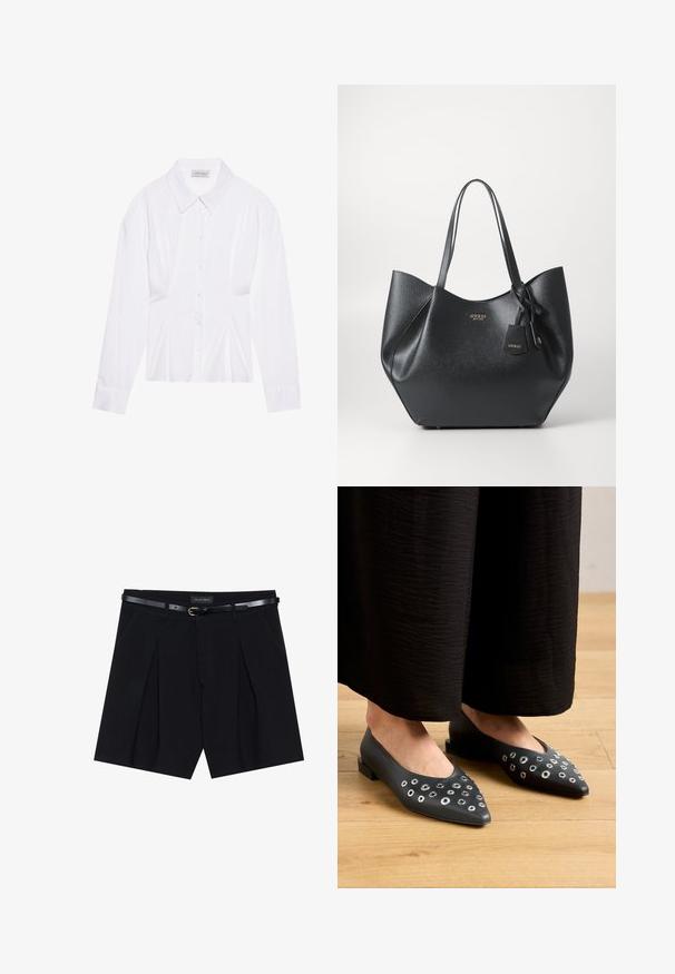 Bela bluzica z dolgimi rokavi s klasičnim ovratnikom, sprednjim zapenjanjem na gumbe in nabranimi stranskimi detajli. Gladek material s krojem, ki se prilega.; Črne kratke hlače s pliseji, opremljene s ožjim črnim pasom z zlatim sponko. Izdelane so iz gladkega materiala, kar zagotavlja eleganten videz.; Črne usnjene balerinke z ostrim nosom, okrašene z kovinskimi očesci različno velikosti ter z nizkim kvadratnim peto. Gladka tekstura na leseni podlagi.; Črna torba iz strukturiranega sintetičnega materiala z široko silhueto, ki ima dvojne ročaje in podrobnost z blagovno znamko.; Srebrna obročasta uhana s polirano površino, ki vključuje majhne zlate poudarke in okroglo obliko, nošena na ušesnem lobu.