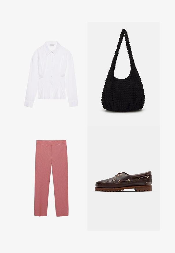 Bílá halenka s dlouhými rukávy a klasickým límečkem, zapínání na knoflíky vpředu a naříznutím po stranách. Hladká tkanina s tvarovaným střihem.; Kostkované kalhoty v červené a bílé barvě s širokým střihem, hladkým povrchem a středně vysokým pasem. Vhodné pro volnočasové nošení.; Hnědé kožené lodní boty se zlatými očky, kulatými tkaničkami a texturovanou hnědou gumovou podrážkou. Obsahují zašitý detail a vyvýšené logo.; Černá texturovaná látková taška s jedním stočeným popruhem, s nadýchaným tvarem a nařaseným povrchem.