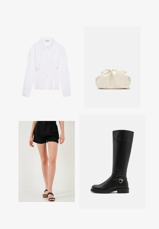 Bela bluzica z dolgimi rokavi s klasičnim ovratnikom, sprednjim zapenjanjem na gumbe in nabranimi stranskimi detajli. Gladek material s krojem, ki se prilega.; Črne lanene kratke hlače s krojem po meri, ki imajo sprednje naborke in en gumb za zapiranje. Ujemajo se s črnimi natikači.; Anna Field Wide Fit Škornji - black; Krema barve, mehka torba iz umetnega usnja z nabranim dizajnom, nastavljivim ročajem in diskretnim zapiranjem na vrvico. Gladka tekstura in zaobljena oblika.; Srebrne uhane v obliki kapljice z zaobljenimi, odsevnimi površinami; minimalistična zasnova z gladko teksturo in subtilno blagovno znamko.