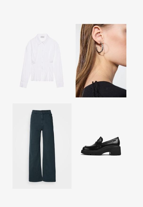 Balta ilgomis rankovėmis bluzelė su klasikiniu apykaklės dizainu, priekyje su sagų uždarymu ir susiraukšlėjimu šoniniuose detalėse. Lygaus audinio, pritaikyta forma.; Plati kojinės tamsiai pilkos medvilnės mišinio, su priekiniais mygtukais, diržo kilpomis ir dviem šoninėmis kišenėmis. Lygus paviršius su minimaliais akcentais.; Juodas odinis loaferis su storais kulnais, storu padu ir dirželiu per viršų, rodoma iš šono ant baltos fono.; Sidabrinė lankinė auskarai su poliruotu paviršiumi, turintys mažus auksinius akcentus ir apvalią formą, dėvimi ant ausies kaušelio.