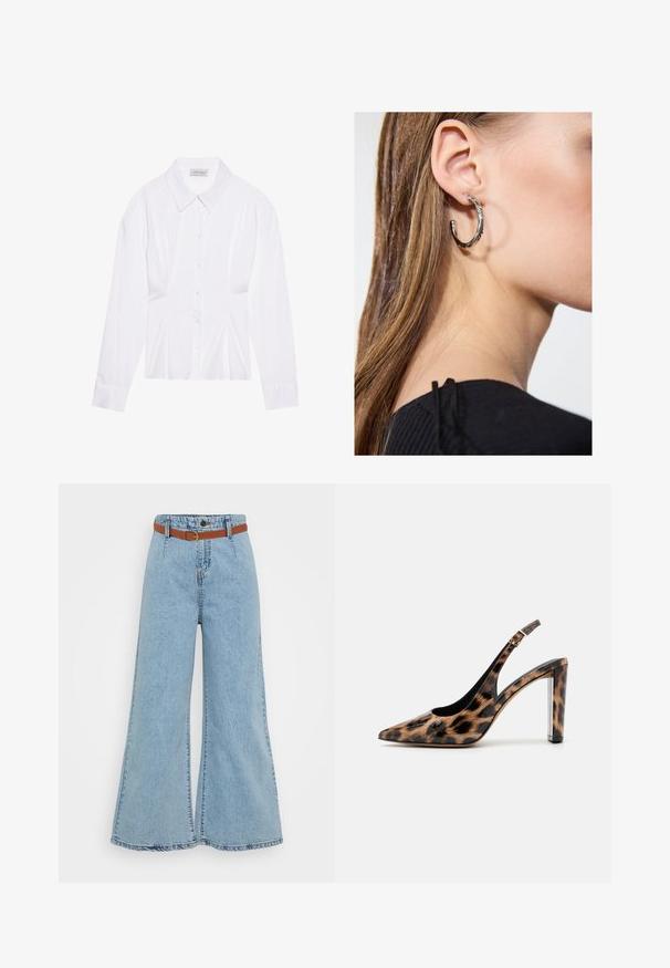 Baltas garā piedurkņu blūze ar klasisku apkakli, priekšējo pogu aizdari un savilktu sānu detaļu. Gluda auduma, izteikta forma.; Gaiši zili plataji džinsi ar augstu vidukli, elastīgu jostu un kontrastējošu brūnu jostu. Iespējamais redzamais šuvums un nodilis apakšmalas.; Lāču raksta slingback kurpes ar norādītu purngalu un caurspīdīgu bloku papēdi. Izgatavotas no spīdīgas masas ar gludu tekstūru.; Sudraba auskars ar pulētu apdari, ar maziem zelta akcentiem un apaļu formu, uz ausu ļipiņas.
