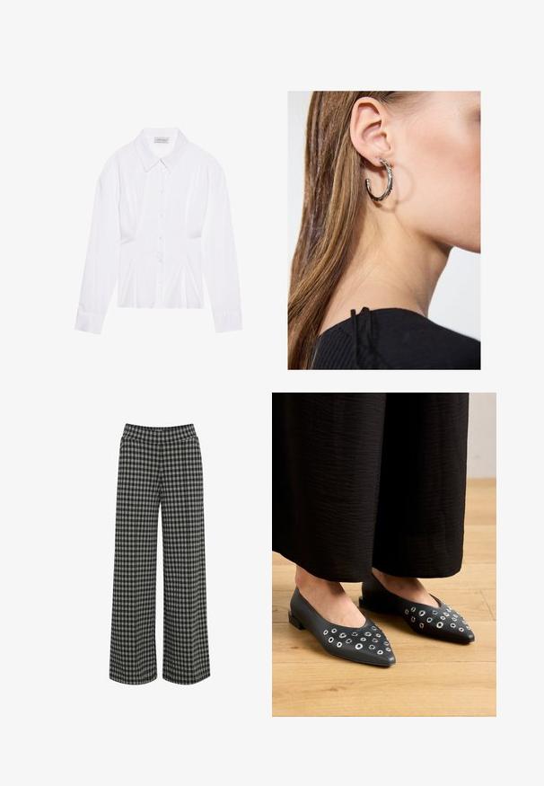 Biała bluzka z długim rękawem, klasycznym kołnierzykiem, zapięciem na guziki z przodu i marszczeniem po bokach. Gładki materiał o dopasowanym kroju.; ICHI IHKATE - Spodnie materiałowe; Czarne skórzane baleriny z ostrym noskiem, ozdobione metalowymi oczkami w różnych rozmiarach oraz niskim kwadratowym obcasem. Gładka faktura na drewnianej podłodze.; Srebrny kolczyk w kształcie koła z polerowanym wykończeniem, z małymi złotymi akcentami, noszony na płatku ucha.