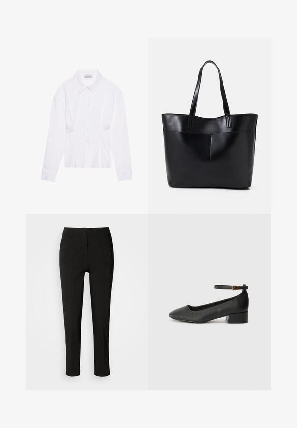 Hvid langærmet bluse med klassisk krave, knaplukning foran og samlede side detaljer. Glat stof med en skræddersyet form.; Sorte skræddersyede bukser med slim fit, flad front og uden synlige lommer, med en glat tekstur og en ren finish ved kanten.; Sorte læderpumper med spids tå og en lav blokhæl. Har en ankelrem med en guldfarvet spænde. Glat tekstur.; Sort læder tote taske med to lange håndtag, en glat tekstur og en struktureret form. Har en forlommem for ekstra opbevaring.