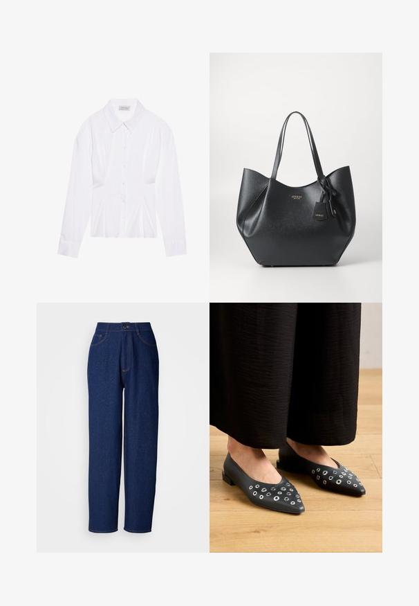 Valkoinen pitkähiha blouse, jossa on klassinen kaulus, etuvetoketju ja ryppyinen sivudetalji. Pehmeä kangas ja muotoiltu leikkaus.; Tummansiniset farkkuvaatteen leveälahkeiset housut, joissa on korkea vyötärö, oranssit tikkaukset, etutaskut ja nappisulku. Silkkinen pinta, jossa on hienoja pilkkuja.; Mustat nahkakengät, joissa on kärjellinen malli, vaihtelevia kokoja olevilla metallisilla niiteillä ja matala neliönmallinen korko. Sujuva pinta puulattialla.; Musta kassi, joka on valmistettu tekstuurisesta synteettisestä materiaalista ja jolla on leveä muotoilu. Kassi on varustettu kahdella kahvalla ja brändätyllä riipuksella.; Hopea renkaankorvakoru kiiltävällä pinnalla, jossa on pieniä kultaisia yksityiskohtia ja pyöreä muoto, käytetty korvalla.