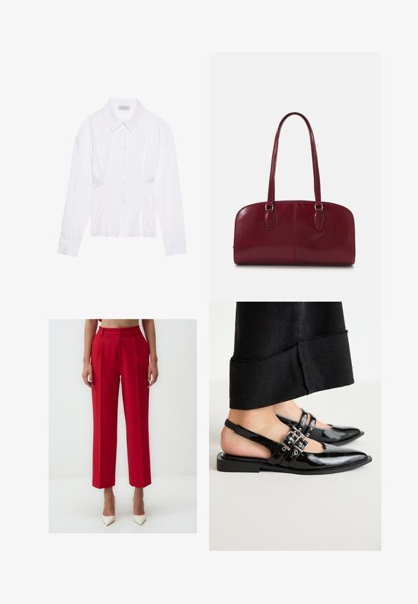 Weiße Bluse mit langen Ärmeln, klassischem Kragen, vorderer Knopfleiste und gerafftem Seitendetail. Glattes Material mit taillierter Form.; Rote maßgeschneiderte Hosen mit hoher Taille, gefältelter Vorderseite, geraden Beinen und einer glatten Stoffstruktur. Getragen mit weißen spitzen Absätzen.; RAID DINKY - Riemchenballerina - black; Zign LEATHER - Handtasche - dark red; Silberne Tropfenohrringe mit abgerundeten Akzenten, präsentiert an einem Modell, das ein weißes, geripptes ärmelloses Oberteil trägt und somit eine glatte Textur zur Geltung bringt.
