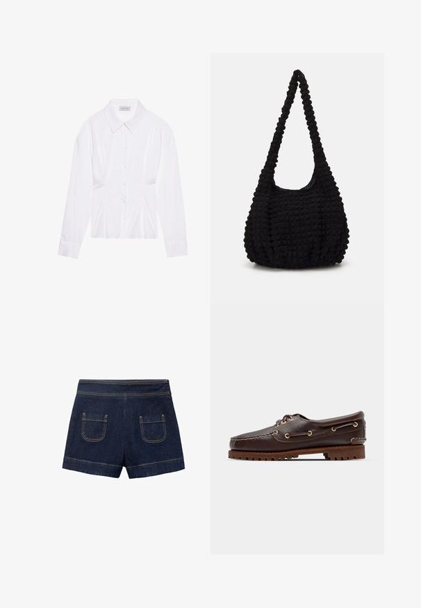 White long-sleeve blouse with a classic collar, front button closure, and gathered side detail. Smooth fabric with a tailored shape.; Denim shorts in dark blue with a fitted waistband, two back pockets, and light brown stitching along the seams. Folded hem at the bottom.; Brown leather boat shoe with gold eyelets, round laces, and a textured brown rubber sole. Features stitched detailing and a raised logo.; Black textured fabric bag with a single twisted strap, featuring a puffy shape and gathered surface design.