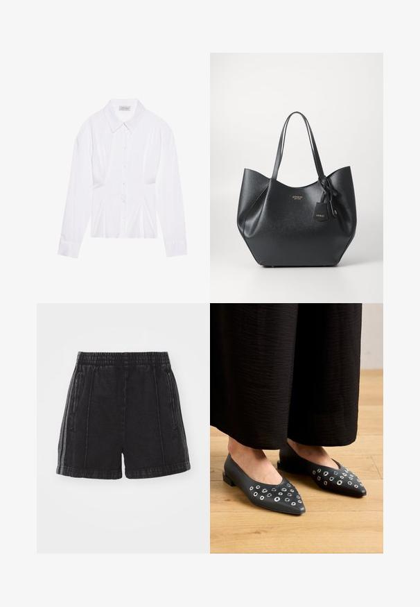 Bluză albă cu mâneci lungi, cu guler clasic, închidere cu butoane pe față și detalii pliate pe lateral. Fabrică netedă cu o croială ajustată.; Șorturi negre din denim cu talie elastică, buzunare laterale cu fermoar și dungi laterale contrastante. Textură uzată și lungime deasupra genunchiului.; Balerini din piele neagră, cu vârful ascuțit, evidențiate de accesorii metalice în dimensiuni variate și cu un toc pătrat mic. Textură netedă pe podeaua din lemn.; Geantă tote neagră din material sintetic texturat, cu o siluetă largă, având două mânere și un detaliu de pandantiv cu marcă.; Cercel din argint cu un finisaj polișat, având detalii mici din aur și o formă rotundă, purtat pe lobul urechii.