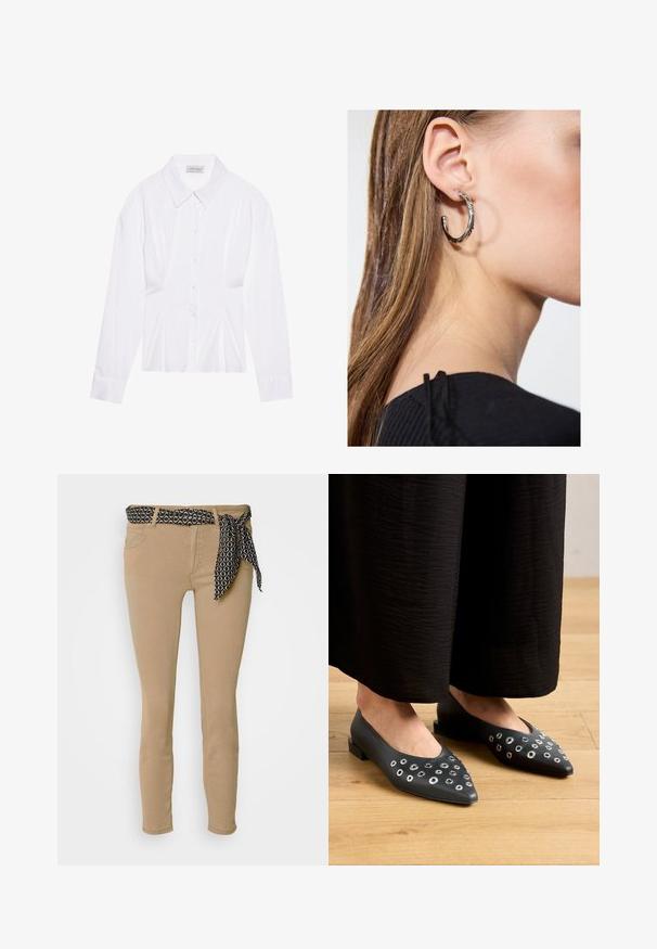 Bluză albă cu mâneci lungi, cu guler clasic, închidere cu butoane pe față și detalii pliate pe lateral. Fabrică netedă cu o croială ajustată.; Jeans skinny bej cu un tiv negru cu model și un cordon asortat. Dispune de cinci buzunare și o textură netedă din amestec de bumbac.; Balerini din piele neagră, cu vârful ascuțit, evidențiate de accesorii metalice în dimensiuni variate și cu un toc pătrat mic. Textură netedă pe podeaua din lemn.; Cercel din argint cu un finisaj polișat, având detalii mici din aur și o formă rotundă, purtat pe lobul urechii.