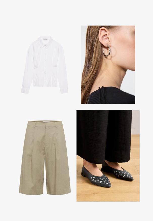 Biała bluzka z długim rękawem, klasycznym kołnierzykiem, zapięciem na guziki z przodu i marszczeniem po bokach. Gładki materiał o dopasowanym kroju.; Beżowe lniane kuloty o szerokich nogawkach, z plisami z przodu i gładką fakturą. Pas jest płaski, bez widocznych zapięć.; Czarne skórzane baleriny z ostrym noskiem, ozdobione metalowymi oczkami w różnych rozmiarach oraz niskim kwadratowym obcasem. Gładka faktura na drewnianej podłodze.; Srebrny kolczyk w kształcie koła z polerowanym wykończeniem, z małymi złotymi akcentami, noszony na płatku ucha.