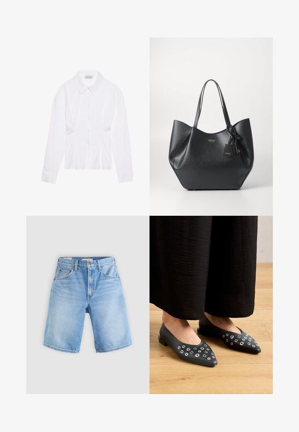 Bijela bluzica dugih rukava s klasičnom kragnom, prednjim kopčanjem na gumbe i nabranim detaljem sa strane. Glatka tkanina s krojem koji se dobro prilagođava.; Svijetloplavi traper šortsevi s opuštenim krojem, s kopčanjem na gumbe, petljama za pojas i pet džepova. Glatka tekstura s izblijedjelim dijelovima.; Crne kožne balerinke s oštrim vrhom, sa metalnim rupicama različitih veličina i niskim kvadratnim petama. Glatka površina na drvenom podu.; Crna torba s dugim handles, izrađena od teksturiranog sintetičkog materijala s širokim siluetom, ukrašena detaljem s oznakom brenda.; Srebrna kružna naušnica s poliranim završetkom, koja ima male zlatne detalje i okrugli oblik, nošena na uhu.