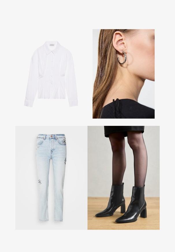 Vit långärmad blus med klassisk krage, framtill knäppning och insidan med rynkning. Slät tyg med skräddarsydd passform.; Ljusblå denimjeans med rak passform, featuring dekorativ blomsterbroderi i mörkare blått och gult på benen. Klassisk femficksdesign.; Svarta läderankelstövlar med spetsig tå, kraftig kvadratisk klack och en slank design. Har elastiska sidopaneler för enkel påtagning.; Silverörhänge med polerad yta, med små detaljer i guld och rund form, bärs på loben.