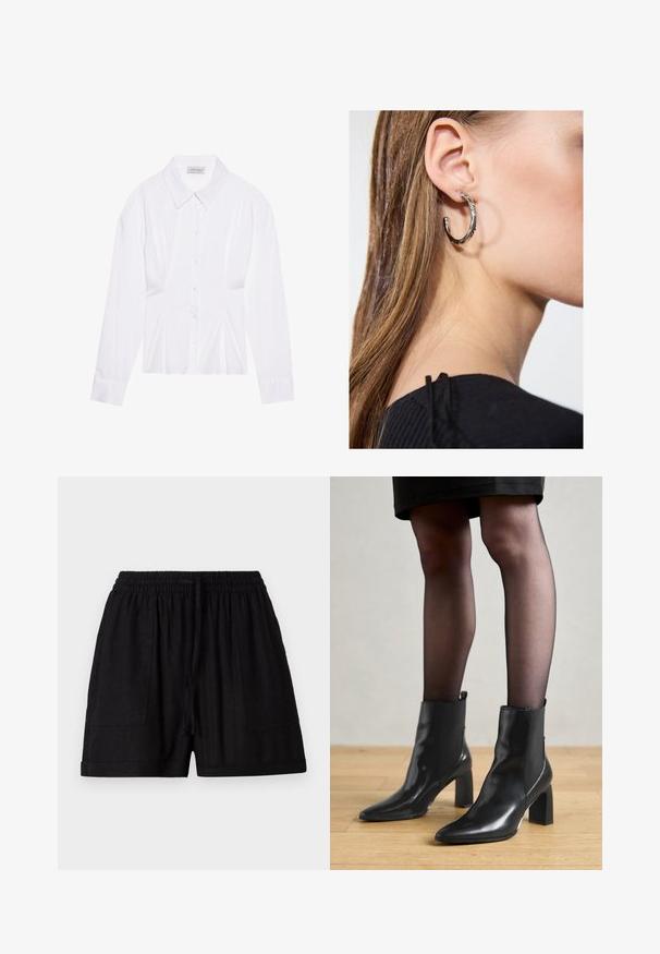 Bluză albă cu mâneci lungi, cu guler clasic, închidere cu butoane pe față și detalii pliate pe lateral. Fabrică netedă cu o croială ajustată.; Shorts negri din in, cu talie elastică, două buzunare laterale și închidere cu șnur. Textură netedă și lungime până la mijlocul coapsei.; Botine negre din piele, cu vârful ascuțit, toc pătrat masiv și un design elegant. Au panouri laterale elastice pentru o îmbrăcare ușoară.; Cercel din argint cu un finisaj polișat, având detalii mici din aur și o formă rotundă, purtat pe lobul urechii.