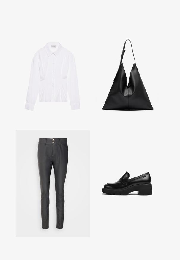 Baltas garā piedurkņu blūze ar klasisku apkakli, priekšējo pogu aizdari un savilktu sānu detaļu. Gluda auduma, izteikta forma.; Melnas bikses ar šauru piegriezumu, izgatavotas no gludas materiāla. Funkcijas divi pogu aizdare jostasvietā un plakans priekšējais dizains.; Melnas ādas chunky papēža loafers ar biezu zoli un siksniņas detaļu pāri augšai, attēlots no sāna uz baltas fona.; Melna ādas trīsstūra formas rokassoma ar vienu regulējamu plecu siksnu un mīkstu, nedaudz sagrūstu struktūru.; Sudraba auskars ar pulētu apdari, ar maziem zelta akcentiem un apaļu formu, uz ausu ļipiņas.