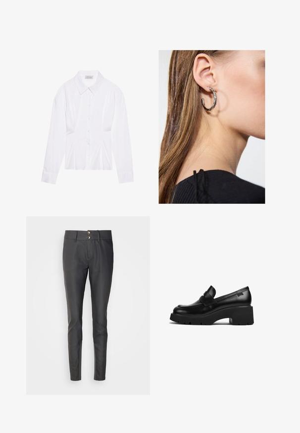 Baltas garā piedurkņu blūze ar klasisku apkakli, priekšējo pogu aizdari un savilktu sānu detaļu. Gluda auduma, izteikta forma.; Melnas bikses ar šauru piegriezumu, izgatavotas no gludas materiāla. Funkcijas divi pogu aizdare jostasvietā un plakans priekšējais dizains.; Melnas ādas chunky papēža loafers ar biezu zoli un siksniņas detaļu pāri augšai, attēlots no sāna uz baltas fona.; Sudraba auskars ar pulētu apdari, ar maziem zelta akcentiem un apaļu formu, uz ausu ļipiņas.