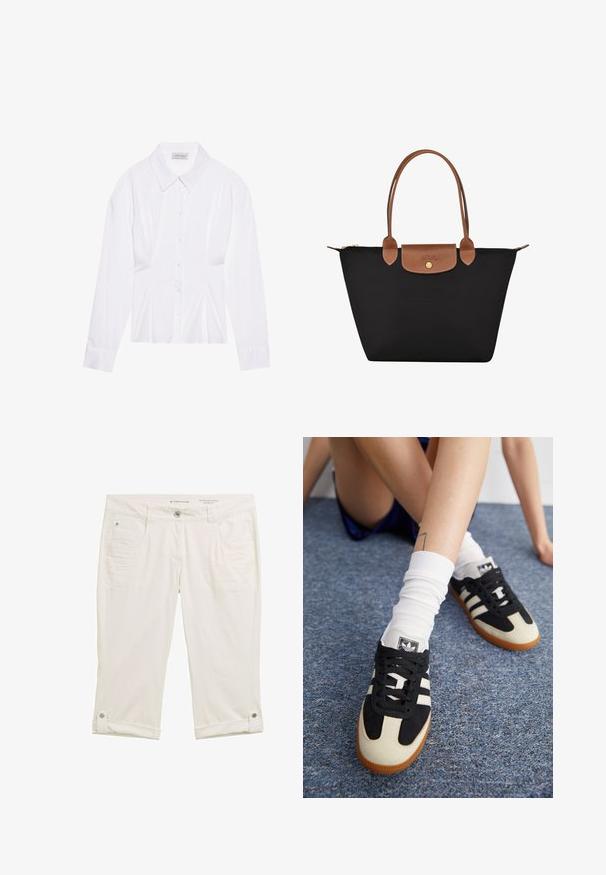 White long-sleeve blouse with a classic collar, front button closure, and gathered side detail. Smooth fabric with a tailored shape.; White, 3/4 length pants with a slightly textured fabric. Features front pockets, a button closure, and rolled cuffs secured with snaps.; Black and white athletic shoes with a suede and leather upper, featuring three white stripes and a gum sole. Pair worn with white socks.; Black nylon tote bag with brown leather accents and handles. Features a snap closure and a front pocket with a logo detail.