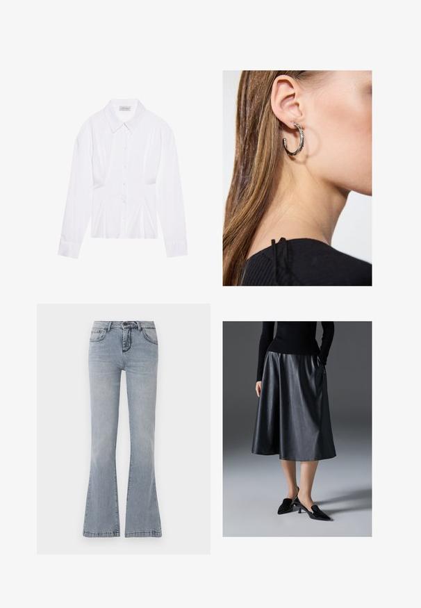 Valkoinen pitkähiha blouse, jossa on klassinen kaulus, etuvetoketju ja ryppyinen sivudetalji. Pehmeä kangas ja muotoiltu leikkaus.; Vaaleansiniset farkut, joissa on levenevä lahje, etupainike ja vetoketjukiinnitys sekä klassinen viiden taskun muotoilu.; Musta nahkainen midi-hame, jossa on sileä pinta; sisältää vyötärönauhan ja sivutaskut. Yhdistetty kiiltäväksi mustiin korkokenkiin.; Hopea renkaankorvakoru kiiltävällä pinnalla, jossa on pieniä kultaisia yksityiskohtia ja pyöreä muoto, käytetty korvalla.
