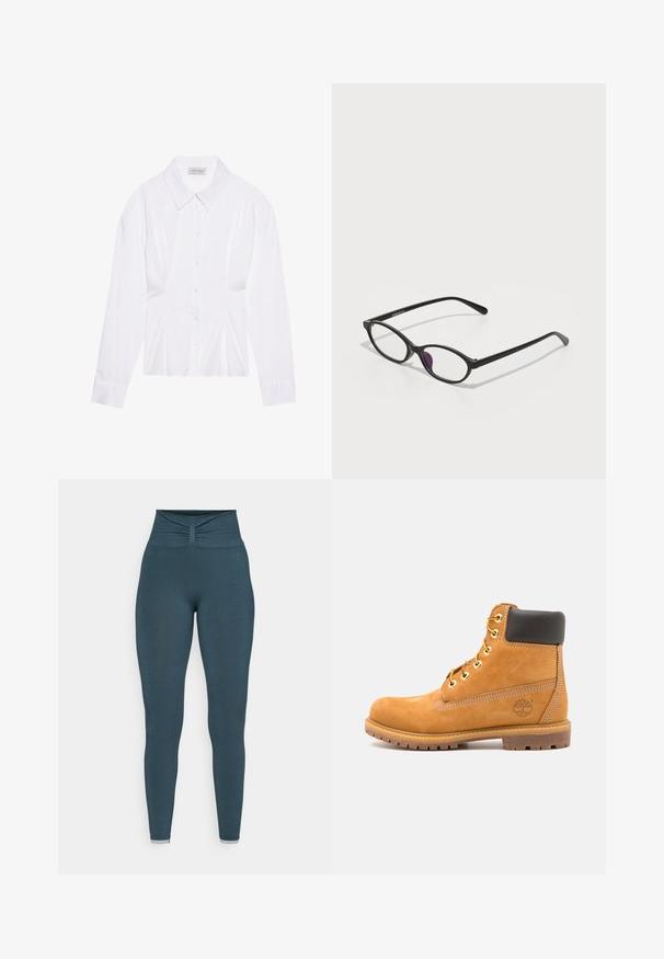 Bela bluzica z dolgimi rokavi s klasičnim ovratnikom, sprednjim zapenjanjem na gumbe in nabranimi stranskimi detajli. Gladek material s krojem, ki se prilega.; Visoko pasne legginske hlače v temni teal barvi, z nabranim detajlom na pasu in gladko teksturo po celotni dolžini nog. Brez vzorcev ali dodatkov.; Rjavi usnjeni gležnarji s črnim oblazinjenjem, zlatimi očesci in teksturiranim podplatom. Imajo okroglo logo na strani in šivane detajle.; Črne plastične očala ovalne oblike, opremljena s prozornimi lečami in enim purpurnim poudarkom na levi leči. Elegantna, minimalistična zasnova.