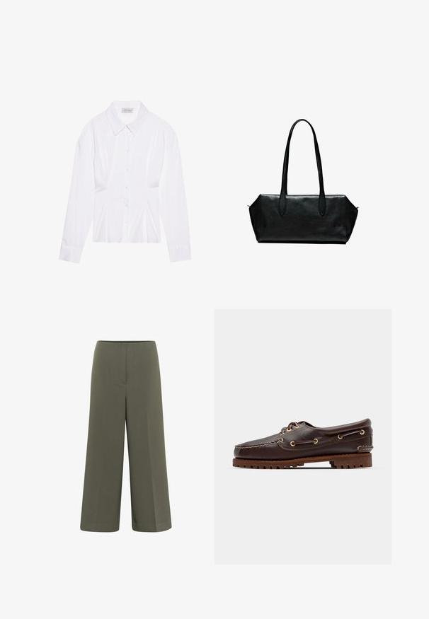 Weiße Bluse mit langen Ärmeln, klassischem Kragen, vorderer Knopfleiste und gerafftem Seitendetail. Glattes Material mit taillierter Form.; Weite Hosen aus glattem, olivgrünem Stoff mit einem flachen Bund und ohne sichtbare Taschen, die eine strukturierte Passform und klare Linien aufweisen.; Braune Lederbootsschuhe mit goldenen Ösen, runden Schnürsenkeln und einer strukturierten braunen Gummisohle. Verfügt über genähte Details und ein erhabenes Logo.; Schwarze Ledertasche mit langen Griffen, rechteckiger Form, glatter Oberfläche und schrägen Seiten, mit minimalistischer Gestaltung und ohne sichtbare Beschläge.