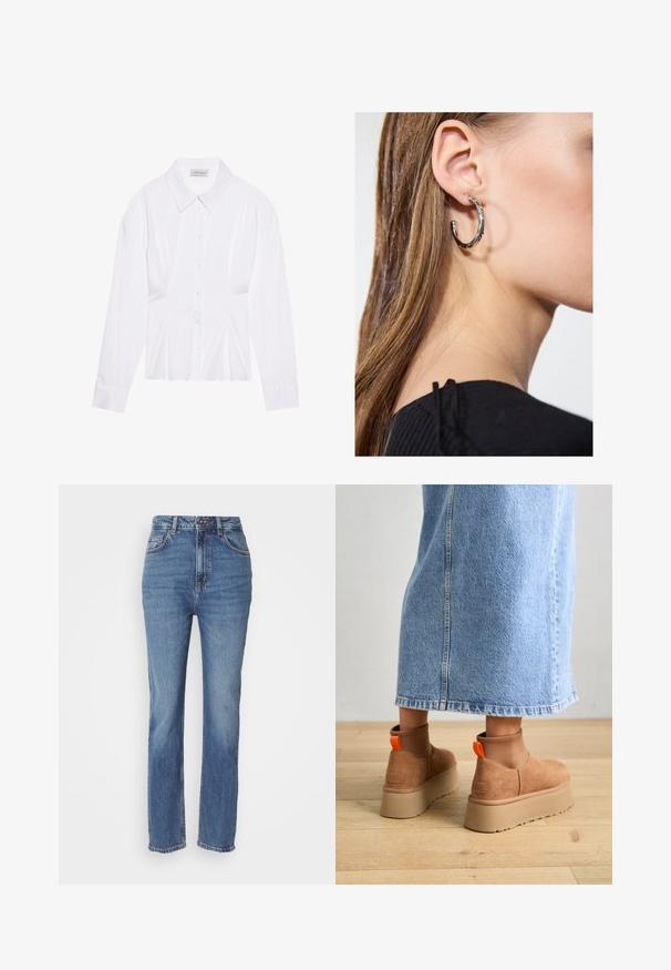 Valkoinen pitkähiha blouse, jossa on klassinen kaulus, etuvetoketju ja ryppyinen sivudetalji. Pehmeä kangas ja muotoiltu leikkaus.; Korkeavyötäröiset siniset farkut, suora lahje, joissa on hieno haalistuminen, klassinen viisi-taskumalli ja nappisuljenta.; Ruske mokasine z platformo in elastiko na straneh ter oranžnimi zategovalnimi trakovi, v kombinaciji z osnovno dolžino svetle denim krila na lesenem podu.; Hopea renkaankorvakoru kiiltävällä pinnalla, jossa on pieniä kultaisia yksityiskohtia ja pyöreä muoto, käytetty korvalla.