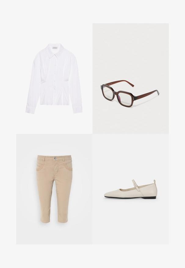 Blusa bianca a maniche lunghe con colletto classico, chiusura frontale con bottoni e dettaglio arricciato sui lati. Tessuto liscio con una forma sartoriale.; Chino beige a vita alta con un tessuto di cotone liscio, dotati di due tasche frontali e chiusura con bottone in cintura.; Décolletés Mary Jane bianchi in pelle con punta affilata, fibbia laterale e tacco basso nero. Texture liscia e design minimalista.; Occhiali rettangolari traslucidi marroni con lenti trasparenti, leggero riflesso viola e piccoli punti decorativi dorati agli angoli anteriori.; Orecchino a cerchio in argento con finitura lucida, caratterizzato da piccoli dettagli in oro e una forma tondeggiante, indossato sul lobo.