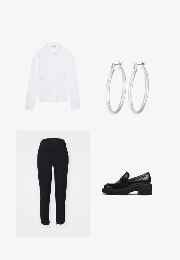 Blusa bianca a maniche lunghe con colletto classico, chiusura frontale con bottoni e dettaglio arricciato sui lati. Tessuto liscio con una forma sartoriale.; Pantaloni neri con una texture liscia, dotati di un design aderente, cintura elastica, due tasche e polsini regolabili con lacci.; Mocassino in pelle nera con tacco chunky, suola spessa e un dettaglio a strap nella parte superiore, mostrato di lato su uno sfondo bianco.; Orecchini a cerchio in argento con una finitura liscia e lucida. Forma rotonda e chiusura a scatto sicura. Design leggero adatto per l'uso quotidiano.