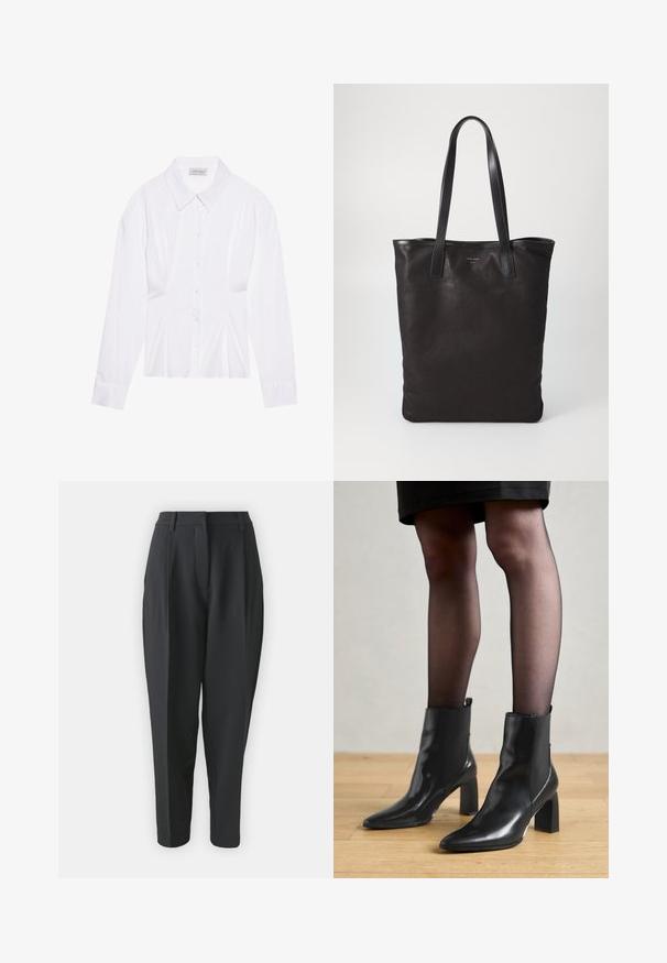 Weiße Bluse mit langen Ärmeln, klassischem Kragen, vorderer Knopfleiste und gerafftem Seitendetail. Glattes Material mit taillierter Form.; Schwarze maßgeschneiderte Hose mit hoher Taille, Falten und schmalem Bein. Glattes Gewebe ohne sichtbare Muster oder Verzierungen.; Schwarze Leder-Ankle-Boots mit spitzer Zehenform, klobigem quadratischem Absatz und schlankem Design. Verfügt über elastische seitliche Einsätze für leichtes An- und Ausziehen.; Schwarze Stofftote mit schwarzen Ledergriffen. Einfaches Design, geräumiger Körper und glatte Textur. Keine sichtbaren Logos oder Muster.; Silberne Creolen mit polierter Oberfläche, die kleine goldene Akzentdetails und eine runde Form aufweisen, am Ohrläppchen getragen.