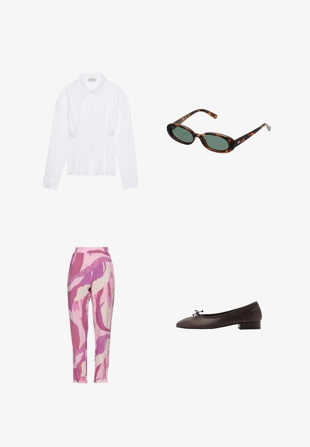 Witte blouse met lange mouwen en een klassieke kraag, met een sluiting aan de voorkant met knopen en geplooide details aan de zijkant. Glad materiaal met een getailleerde pasvorm.; Roze stoffen broek met een patroon van abstracte golven in licht en donkerroze tinten; lichtgewicht materiaal met een elastische tailleband en een taps toelopend been.; Bruine leren balletschoen met een ronde neus en een kleine blokhak. Kenmerkt zich door een dunne strik aan de voorkant en subtiele stikdetails.; schildpadbril met ovale monturen en groene lenzen. Heeft dunne spijlen met een metalen accent nabij de scharnieren.