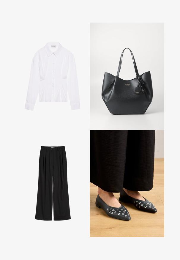 Blouse blanche à manches longues avec un col classique, fermeture à boutons sur le devant et détail froncé sur le côté. Tissu lisse avec une coupe ajustée.; Pantalons larges noirs en tissu doux, avec plis à l'avant, fermeture à bouton et détails de ceinture cousus.; Ballerines en cuir noir avec un bout pointu, ornées d'œillets en métal de différentes tailles et d'un petit talon carré. Texture lisse sur un sol en bois.; Sac fourre-tout noir en matériau synthétique texturé avec une silhouette large, doté de poignées doubles et d'un détail de pendentif de marque.; Boucle d'oreille en argent avec une finition polie, présentant de petits détails en or et de forme ronde, portée sur le lobe.