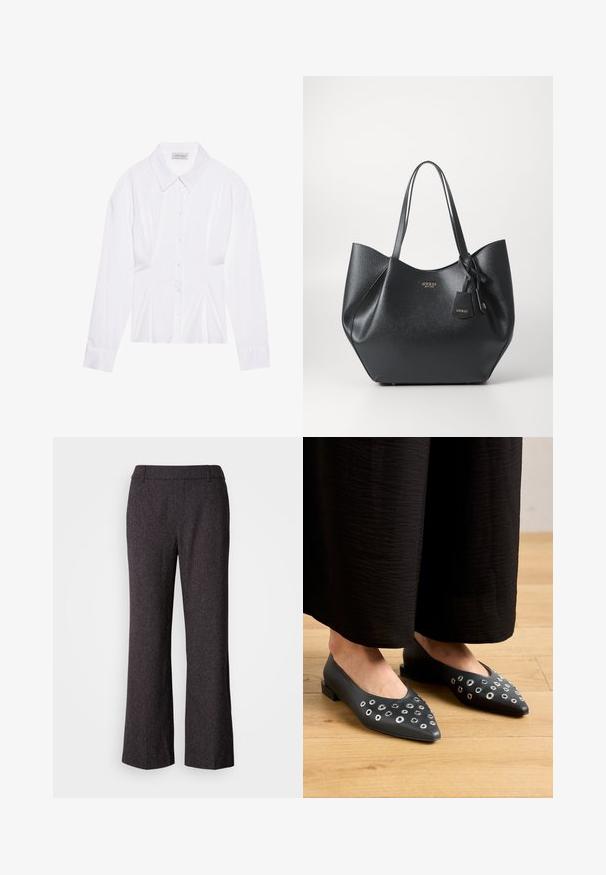 Fehér hosszú ujjú blúz klasszikus gallérral, elöl gombos záródással és összegyűrt oldali részletekkel. Simára szőtt anyag, testhez álló fazonban.; Mos Mosh SVALA - Nadrágok - black; Fekete bőr lapos cipők, hegyes orral, változó méretű fémbetét díszítéssel és alacsony szögletes sarkával. Simább textúra a fapadlón.; Fekete táska, textúrált szintetikus anyagból, széles sziluettel, dupla fogantyúkkal és logózott pendant részlettel.; Ez egy ezüst fülbevaló, sima felülettel, amelyen apró arany díszítőelemek találhatók. Kerek formájú és a fülcimpán viselik.